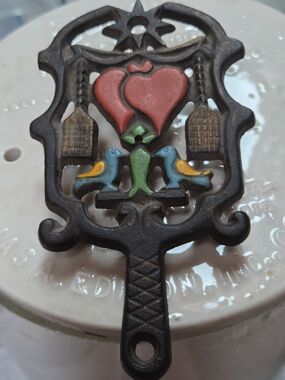 Vintage Wilton Black Cast Iron Small Trivet w/ Painted Brooms, Hearts & Birds